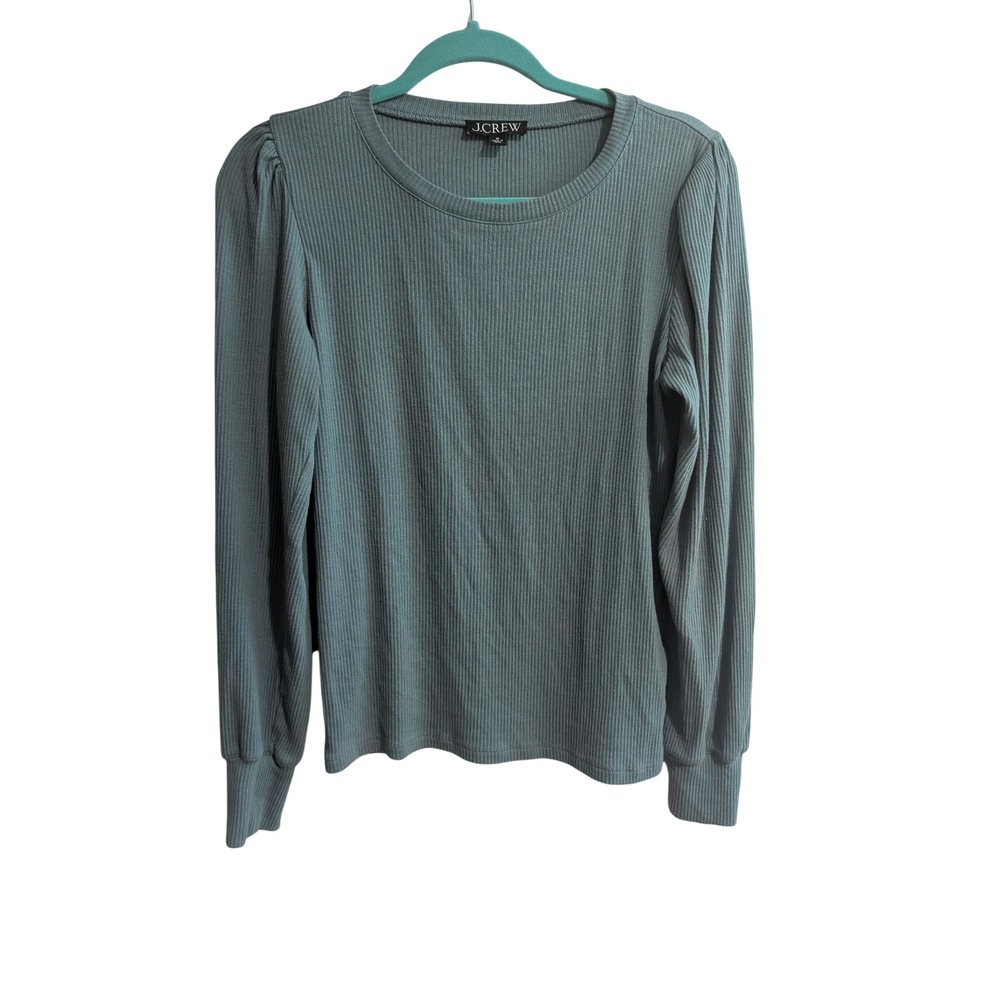J.Crew Ribbed Puff Sleeve Top Women Medium Teal Green Long Sleeve Crew Neck‎